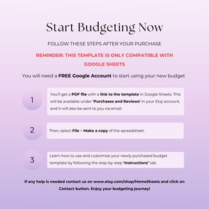 Puede incluir: Una gu&iacute;a de presupuesto digital con instrucciones sobre un fondo morado y blanco. El texto dice "Start Budgeting Now" y proporciona los pasos para usar una plantilla de Google Sheets. Incluye un enlace PDF e instrucciones.