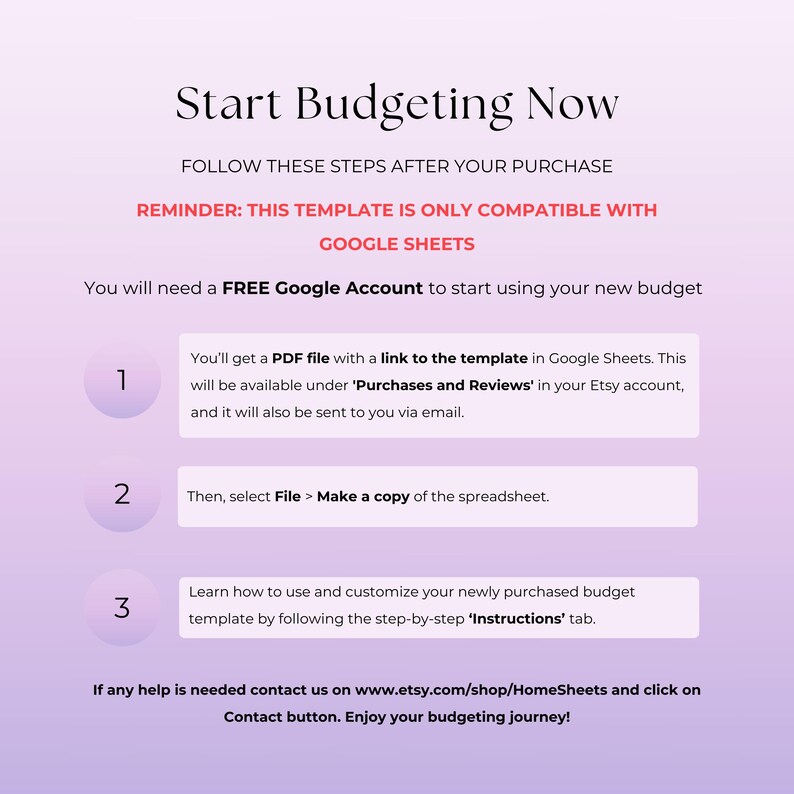 Puede incluir: Una gu&iacute;a de presupuesto digital con instrucciones sobre un fondo morado y blanco. El texto dice "Start Budgeting Now" y proporciona los pasos para usar una plantilla de Google Sheets. Incluye un enlace PDF e instrucciones.