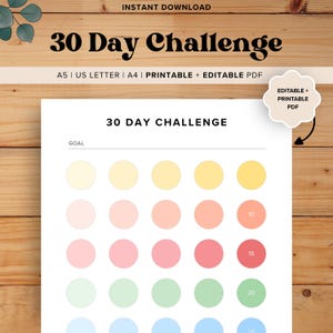 Sfida di 30 giorni, sfida fitness, diario stampabile, tracker delle abitudini colorato, gioco del risparmio, modello compilabile, registro della palestra, perdita di peso, tracker degli obiettivi