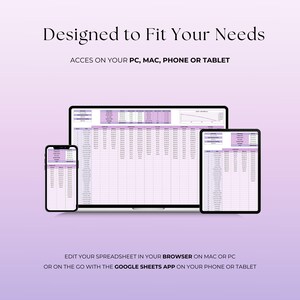 Puede incluir: Una hoja de c&aacute;lculo digital que se muestra en una computadora port&aacute;til, una tableta y un tel&eacute;fono inteligente. El texto dice "Dise&ntilde;ado para satisfacer sus necesidades" y "Acceso en su PC, Mac, tel&eacute;fono o tableta". La imagen tambi&eacute;n incluye el texto "Edite su hoja de c&aacute;lculo en su navegador en Mac o PC o sobre la marcha con la aplicaci&oacute;n Google Sheets en su tel&eacute;fono o tableta."