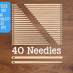 May include: Wooden needles arranged in a pattern on a wood grain surface. The image includes the text "40 Needles" and a blue box with text indicating the availability of cut files in SVG, DXF, and PNG formats.
