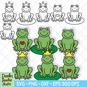 May include: A collection of cartoon frog illustrations in green and black. Some frogs wear crowns, and some have hearts. The image includes the text "Doodles Studio" and file type information: SVG, PNG, DXF, EPS 300 DPI.