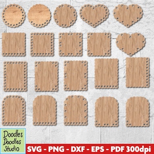 Puede incluir: Una colección de recortes de madera en varias formas, incluyendo círculos, cuadrados, rectángulos y corazones. Cada recorte tiene un borde decorativo con pequeños agujeros. La veta de la madera es visible. La imagen incluye el texto "Doodles Doodles Studio" e información de tipo de archivo.
