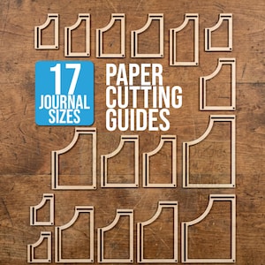 May include: Seventeen light brown wooden paper cutting guides for journal sizes arranged in a grid. The text 17 JOURNAL SIZES and PAPER CUTTING GUIDES is printed in white and blue. A small logo in the corner reads Doodles Doodles Studio.