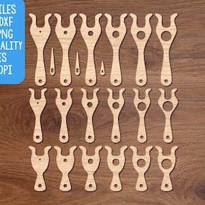 May include: Wooden craft tools with a unique shape, arranged on a brown wooden surface. The tools have a fork-like top with a hole and a handle. The image includes text that says "CUT FILES SVG, DXF, PDF, PNG, HIGH QUALITY FILES 300 DPI".