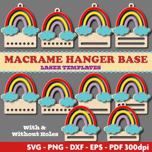 Puede incluir: Bases de colgador de macramé cortadas con láser de madera con diseño de arcoíris y nubes. El arcoíris presenta arcos rojos, amarillos y morados. Se muestra el texto "MACRAME HANGER BASE" y "LASER TEMPLATES". El diseño está disponible con y sin agujeros.