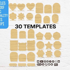 May include: A collection of 30 wooden templates in various shapes, including hearts, flowers, and geometric forms. The image includes text that reads "CUT FILES SVG, DXF, PNG HIGH QUALITY FILES 300 DPI" and "30 TEMPLATES".