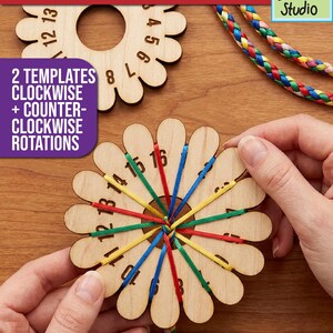 May include: Two light-colored wooden 16-slot Kumihimo disks with numbered edges. One disk is held by hands, featuring colorful braided threads woven through the slots. The text reads 16-SLOT KUMIHIMO DISKS, 2 TEMPLATES CLOCKWISE + COUNTER-CLOCKWISE ROTATIONS, Doodles Doodles Studio, and HIGH QUALITY CUT FILES - SVG - PNG.