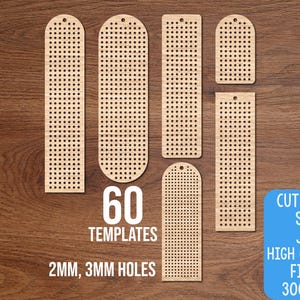 May include: Six light-colored wooden bookmark templates with various shapes and pre-cut hole patterns. Text includes 60 TEMPLATES, 2MM, 3MM HOLES, CUT FILES, SVG, JPG, HIGH QUALITY FILES, 300 DPI, and Doodles Doodles Studio.