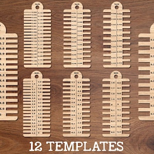Puede incluir: Plantillas de madera con medidas en pulgadas y mm, dispuestas sobre una superficie de madera. Las plantillas son de color marrón claro y tienen líneas horizontales con medidas. El texto "12 TEMPLATES" está en la parte inferior. Para manualidades.