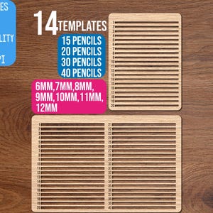 Puede incluir: Dos plantillas de madera clara con ranuras horizontales para organizar lápices. La plantilla superior tiene 20 ranuras numeradas y la inferior 40 ranuras numeradas. El texto incluye 14 TEMPLATES, 15, 20, 30, 40 PENCILS y 6MM, 7MM, 8MM, 9MM, 10MM, 11MM, 12MM.