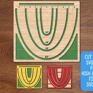 Può includere: Modello artigianale in legno con fessure curve da 25 cm, 35 cm, 46 cm e 58 cm. Sono mostrati anche modelli aggiuntivi in giallo e rosso. L'immagine include il testo "CUT FILES SVG, DXF, PNG, HIGH QUALITY FILES 300 DPI".