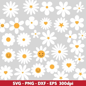 May include: A selection of white daisy flower illustrations with yellow centres and various designs, including hearts and stars, on a grey background. Some daisies have smiley faces. The image includes the text "SVG - PNG - DXF - EPS 300dpi" in a red banner.