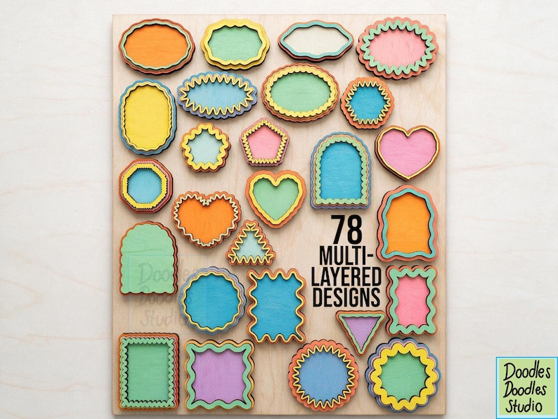 Peut inclure: Une collection de 78 formes en bois multicouches de diff&eacute;rentes couleurs, notamment orange, vert, bleu, jaune et rose. Les formes pr&eacute;sentent des bords festonn&eacute;s, ondul&eacute;s et droits dans des g&eacute;om&eacute;tries comme des c&oelig;urs, rectangles et cercles.
