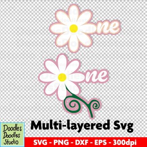 May include: Two daisy flower designs with white petals, yellow centres, and the word "one" in pink. One daisy has a green stem. The image includes the text "Multi-layered Svg" and file type information.