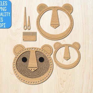 May include: A set of light brown wooden bear-shaped craft templates with pre-cut holes for stitching, including two circular frames with ears, two needle-like tools, and a small comb. Text reads: CUT FILES SVG, PNG HIGH QUALITY FILES 300 DPI.