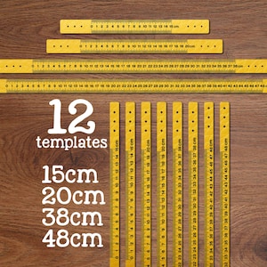 Puede incluir: Reglas de madera amarillas de varias longitudes, marcadas en centímetros. La imagen incluye reglas de 15cm, 20cm, 38cm y 48cm. También se ve el texto "12 plantillas".