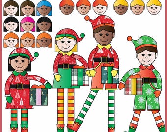 May include: Three cartoon elves wearing red, green, and blue elf hats and outfits. Each elf is holding a wrapped gift box. The elves have different skin tones. The image includes the text "300 DPI - 3 SKINTONES".