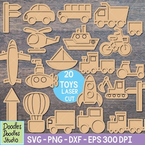 Puede incluir: Un conjunto de 20 formas de juguetes de madera cortadas con láser, que incluyen un coche, un camión, un avión, un barco, un tren y un cohete. Las formas son de color marrón claro y están dispuestas sobre una superficie de madera. El texto "20 TOYS LASER CUT" está en un círculo azul.
