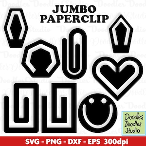 Könnte beinhalten: Eine Sammlung schwarzer Jumbo-Büroklammer-Designs in verschiedenen Formen, darunter eine klassische Büroklammer, ein Herz, ein Smiley und geometrische Formen. Der Text "JUMBO PAPERCLIP" ist über den Designs zu sehen. Das Bild enthält auch den Text "SVG - PNG - DXF - EPS 300dpi".