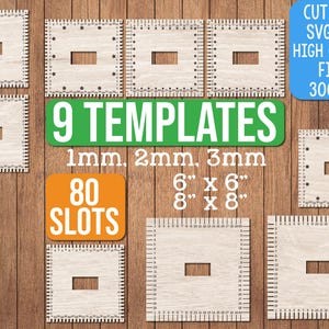 May include: Nine square wooden weaving loom templates with central rectangular cutouts and numbered or lettered edges. The text includes 9 TEMPLATES, 1mm, 2mm, 3mm, 6" x 6", 8" x 8", 80 SLOTS, CUT FILES SVG, PNG, HIGH QUALITY FILES 300 DPI, and Doodles Doodles Studio.
