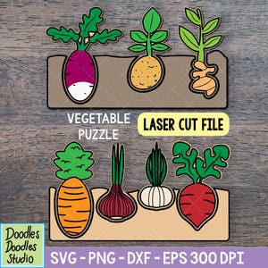 May include: A colorful laser cut file featuring a vegetable puzzle design. The image showcases various vegetables like carrots, radishes, and onions, each with detailed leaves and roots. The text "VEGETABLE PUZZLE" and "LASER CUT FILE" are also visible.