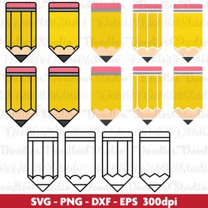 May include: A collection of yellow pencils with pink erasers and black tips. Some pencils have white vertical lines. The image also includes pencil outlines. The bottom of the image has the text "SVG - PNG - DXF - EPS 300dpi".