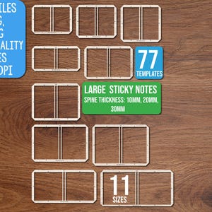 Puede incluir: Una colección de 77 plantillas rectangulares para notas adhesivas grandes con grosores de lomo variables de 10mm, 20mm y 30mm. El set incluye 11 tamaños de archivos de corte en formatos SVG y PNG a 300 DPI. Las plantillas son contornos de madera.