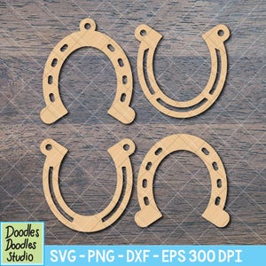 May include: Four wooden horseshoe cutouts in various designs. Two have a single horseshoe shape, while the other two have a double horseshoe shape. Each cutout has a small hole at the top for hanging. The image also includes the text "Doodles Doodles Studio" and "SVG - PNG - DXF - EPS 300 DPI".