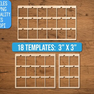 May include: A digital file set containing 18 templates, each measuring 3 inches by 3 inches. The image displays light-coloured grid outlines for cut files in SVG and PNG formats at 300 DPI. The text reads CUT FILES SVG, PNG HIGH QUALITY FILES 300 DPI and 18 TEMPLATES: 3" X 3".