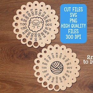 May include: Two wooden yarn gauge tools with scalloped edges and hole sizes from 2mm to 10mm. One has a sheep graphic, the other a yarn ball. A blue rectangle displays "CUT FILES SVG PNG HIGH QUALITY FILES 300 DPI".