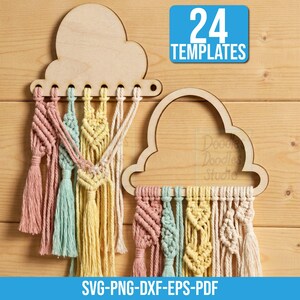 May include: Two wooden cloud-shaped wall hangings featuring macrame cord in shades of pink, mint green, yellow, and cream. The left cloud is solid wood with holes for hanging cords, while the right cloud is an open frame. Text reads 24 TEMPLATES.