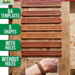 Puede incluir: Una colección de tiras de cuero marrón para pulseras de brazalete de trenza misteriosa, con varias formas de extremos con y sin agujeros. El texto incluye Doodles Studio, Mystery Braid Leather Cuff Bracelets, 64 Templates, 8 Shapes, With Holes, Without Holes, High Quality Cut Files - SVG - PNG.