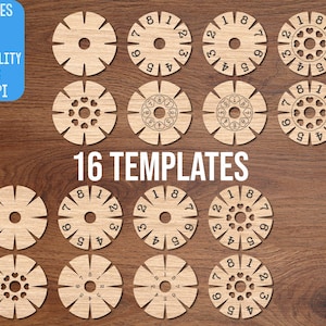 May include: Sixteen circular wooden templates featuring various designs including numbered slots and heart-shaped cutouts. The collection includes plain discs, numbered wheels, and decorative patterns with central holes, presented as digital cut files.