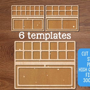 Può includere: Sei modelli in legno con vari scomparti rettangolari e quadrati. Il testo "6 templates" è visualizzato in bianco. Un quadrato blu con testo bianco recita "CUT FILES SVG PNG HIGH QUALITY FILES 300 DPI".
