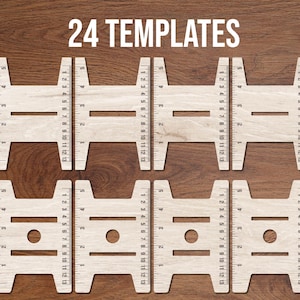 May include: A set of 24 light-colored wooden templates arranged in two rows. Each template features a central cutout and integrated ruler markings along the vertical edges, numbered from 1 to 13. The text 24 TEMPLATES is centered at the top.