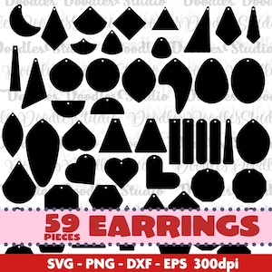 Può includere: Una collezione di 59 forme di orecchini neri in vari design, tra cui gocce, cerchi e forme geometriche. L'immagine include il testo "59 EARRINGS" e informazioni sul tipo di file.