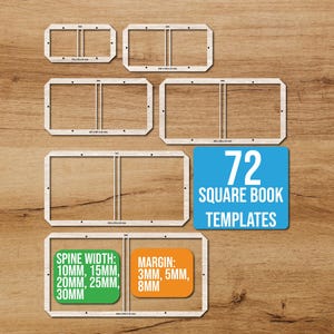 May include: A set of light-colored wooden bookbinding templates in various rectangular sizes. The image includes a blue square with the text 72 SQUARE BOOK TEMPLATES, a green square with SPINE WIDTH: 10MM, 15MM, 20MM, 25MM, 30MM, and an orange square with MARGIN: 3MM, 5MM, 8MM.