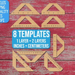 May include: A collection of eight wooden triangle templates featuring printed measurement markings in inches and centimeters. The set includes various geometric shapes with clear numerical scales, presented as high-quality digital cut files.