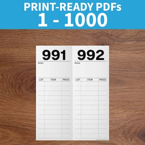 May include: Print-ready PDF forms with numbers 1-1000. The image shows two white forms with the numbers 991 and 992 at the top. Each form has sections for LOT, ITEM, and PRICE. The forms are on a wooden surface.