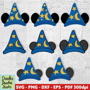 Könnte beinhalten: Eine Ansammlung blauer Zauberhüte mit gelben Sternen und Monden, kombiniert mit schwarzen Micky-Maus-Ohren. Die Hüte sind in einem Muster angeordnet. Das Bild enthält auch den Text "Doodles Doodles Studio" und Dateitypinformationen.