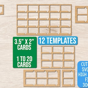 May include: A collection of light brown wooden card display templates featuring various grid layouts. The image includes text labels stating 3.5" x 2" cards, 12 templates, 1 to 20 cards, and cut files SVG, PNG, high quality files 300 DPI.
