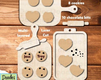 May include: Wooden laser-cut cookie boards, rolling pins, and cookies. The set includes three cookie boards, two rolling pins, and eight cookies. The image also shows ten chocolate bits. The text on the image says "Jess" and "Troy".