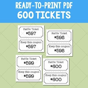 May include: A digital PDF with 600 raffle tickets. Each ticket is white with black text, featuring the words "Raffle Ticket" and "Keep this coupon" along with a unique number from 597 to 600. The background is a light green diamond pattern.