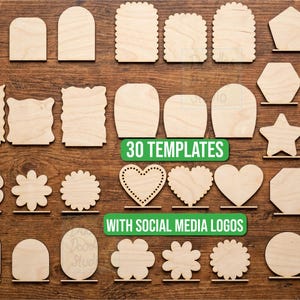 Puede incluir: Una colección de 30 plantillas de madera de color claro en varias formas, incluyendo arcos, corazones, flores, estrellas y polígonos, cada una con una pequeña base para mantenerse en pie. Se muestra el texto 30 TEMPLATES WITH SOCIAL MEDIA LOGOS.