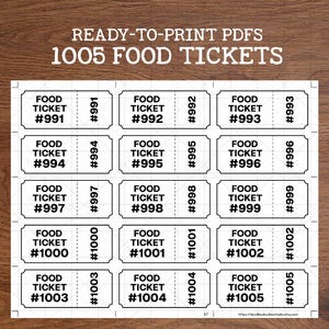 Pode incluir: Uma folha de 1005 bilhetes de comida, PDFs prontos para imprimir. Cada bilhete é branco com texto preto, com as palavras "FOOD TICKET" e um número único de #991 a #1005. Os bilhetes estão dispostos numa grelha.