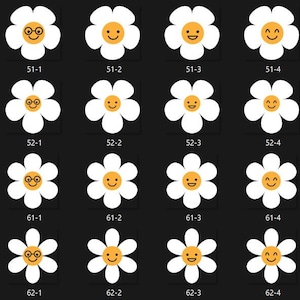May include: A collection of sixteen white daisy flower designs with yellow centers and various facial expressions. Each flower has a different face, including smiling, winking, and wearing glasses. The flowers are arranged on a black background.