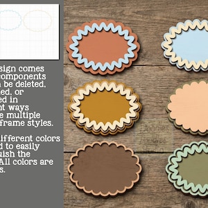 Peut inclure: Une collection de cadres ovales aux bords festonn&eacute;s, comprenant trois couches distinctes dans diverses couleurs, notamment terre cuite, bleu, jaune, p&ecirc;che, marron et vert sauge. Le texte &agrave; gauche explique que chaque design a trois composants.