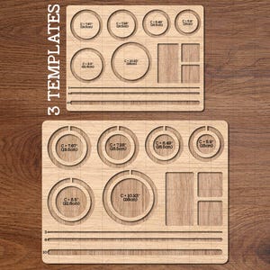 Peut inclure: Deux gabarits en bois avec des découpes circulaires et des indications de mesure. Les tailles incluent C-7.67, C-7.28, C-6.49, C-5.9, C-8.5 et C-10.23, avec des mesures en cm. Le texte "3 TEMPLATES" est visible.