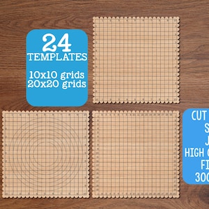 May include: Three square light brown wooden templates with scalloped edges, featuring grid patterns. One template has a 10x10 grid, one has a 20x20 grid, and one has concentric circles. Text includes 24 TEMPLATES, 10x10 grids, 20x20 grids, CUT FILES, SVG, JPG, HIGH QUALITY FILES, 300 DPI, and Doodles Doodles Studio.